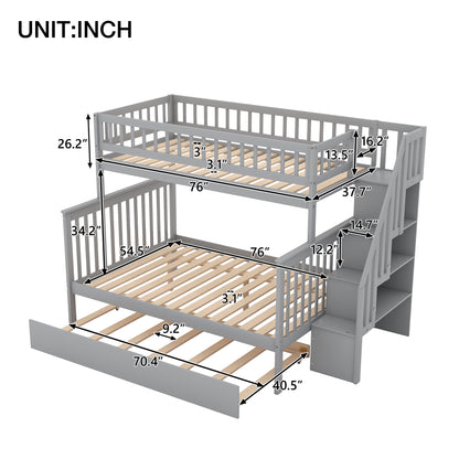 Twin over Full Bunk Bed with Trundle and Staircase Gray