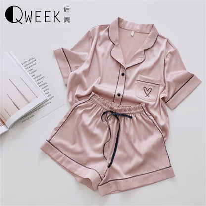 Silk Pajamas for Women Home Suit Heart Embroidered Pyjamas Pj Set Satin Nightwear Sleepwear Pijama Verano Mujer