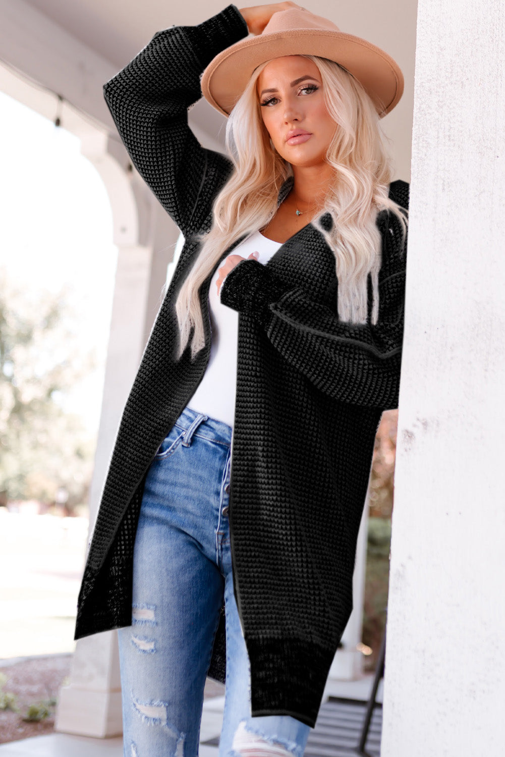 Plaid Knitted Open Front Cardigan