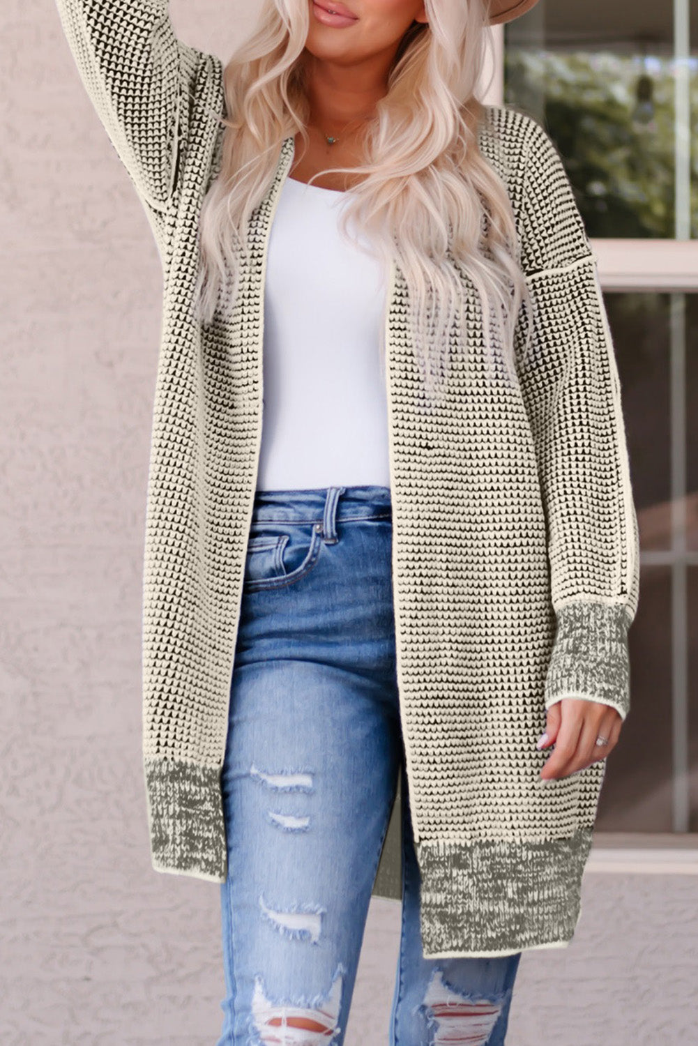 Plaid Knitted Open Front Cardigan