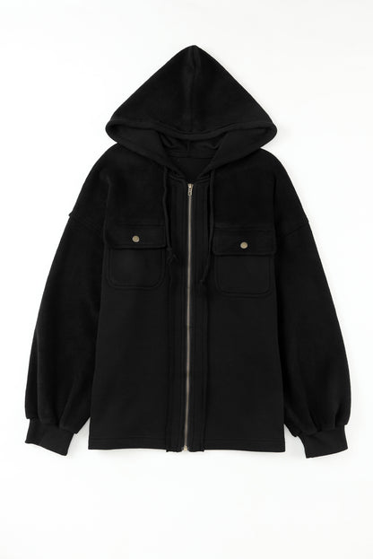 Black Flap Pocket Drawstring Hood Zip Up Jacket