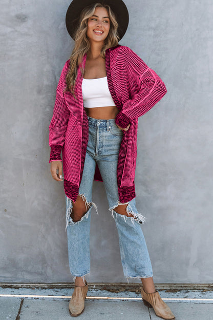 Plaid Knitted Open Front Cardigan