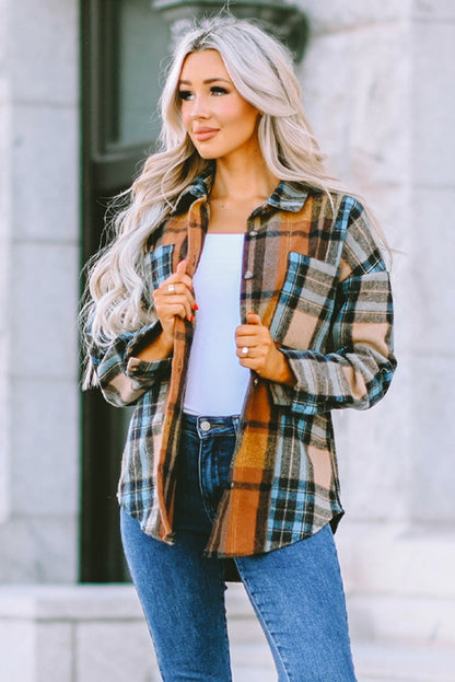 Brown Plaid Color Block Shirt with Pockets