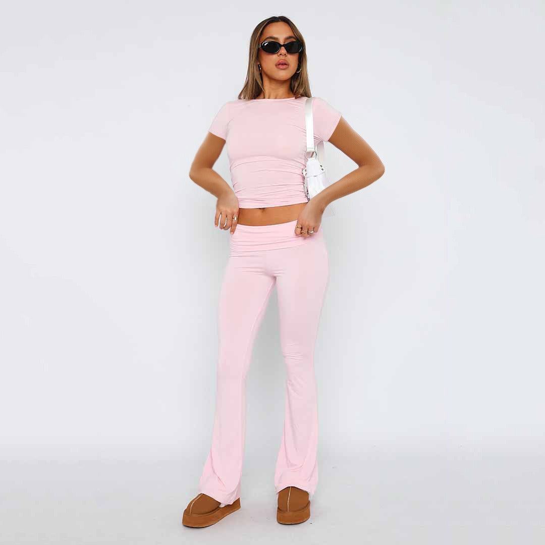 Solid Color Flare Pants Women's Set