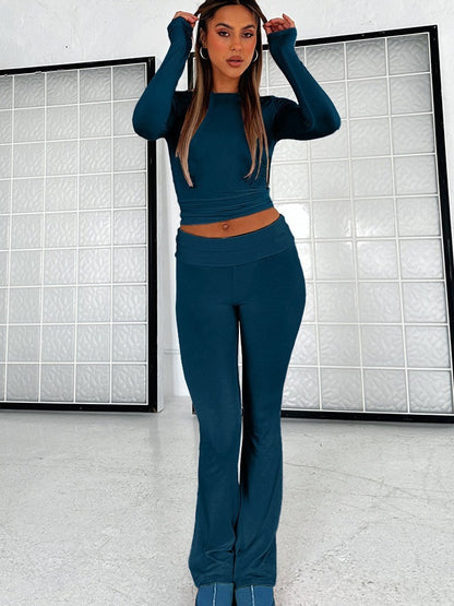 Solid Color Flare Pants Women's Set