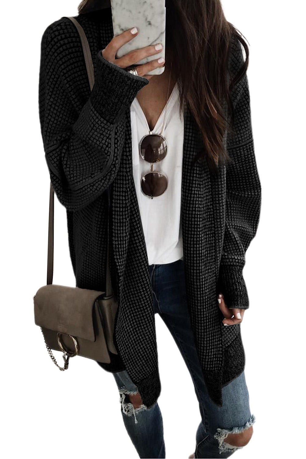 Plaid Knitted Open Front Cardigan