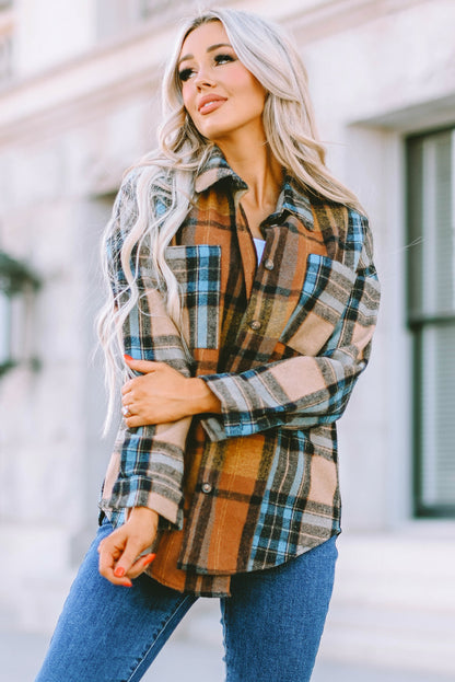 Brown Plaid Color Block Shirt with Pockets