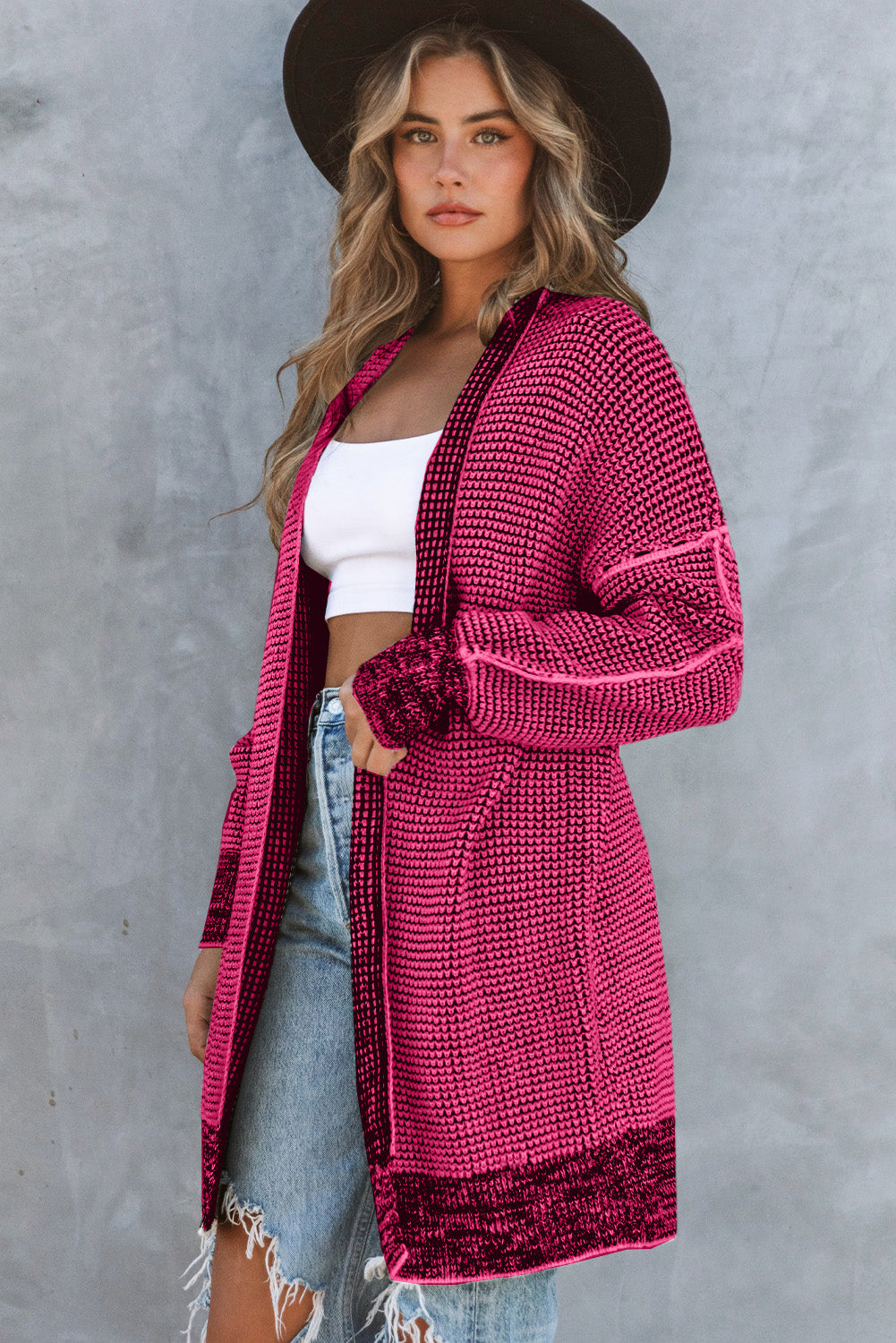 Plaid Knitted Open Front Cardigan