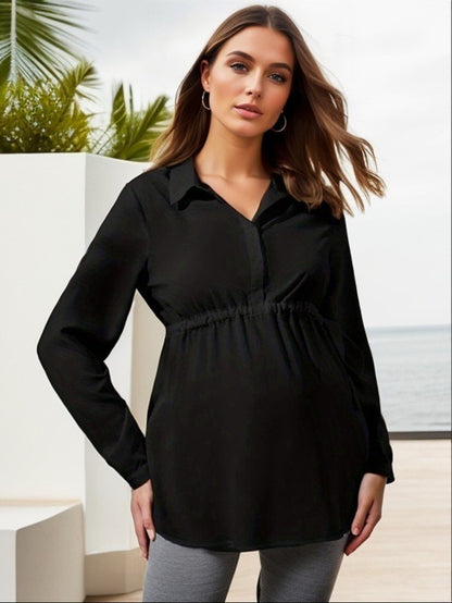 Fashionable solid color V-neck long sleeved maternity shirt