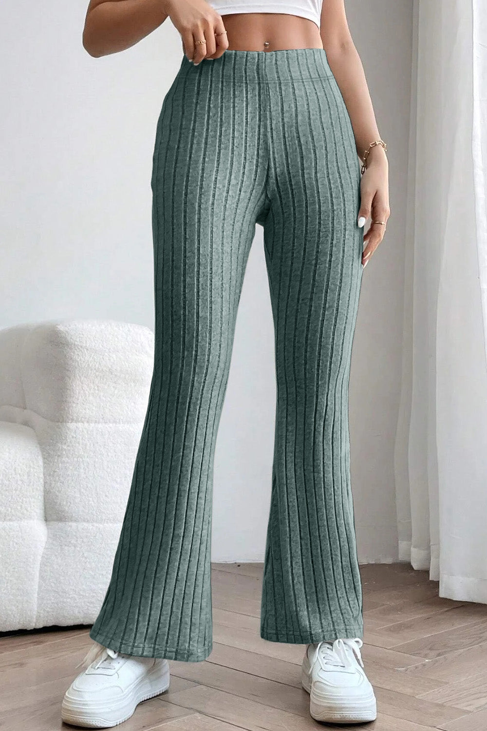 Full Size Ribbed High Waist Flare Pants