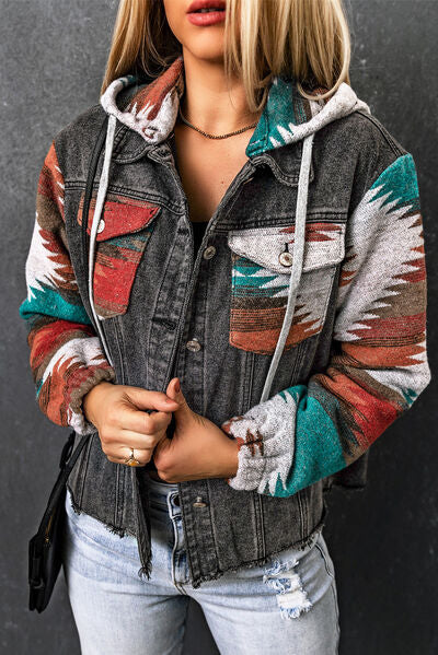 Drawstring Hooded Aztec Denim Jacket.