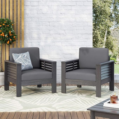 (Set of 2) Outdoor Acacia Wood Club Chairs with Cushions, Dark Gray, 27.75"D x 32"W x 27.75"H