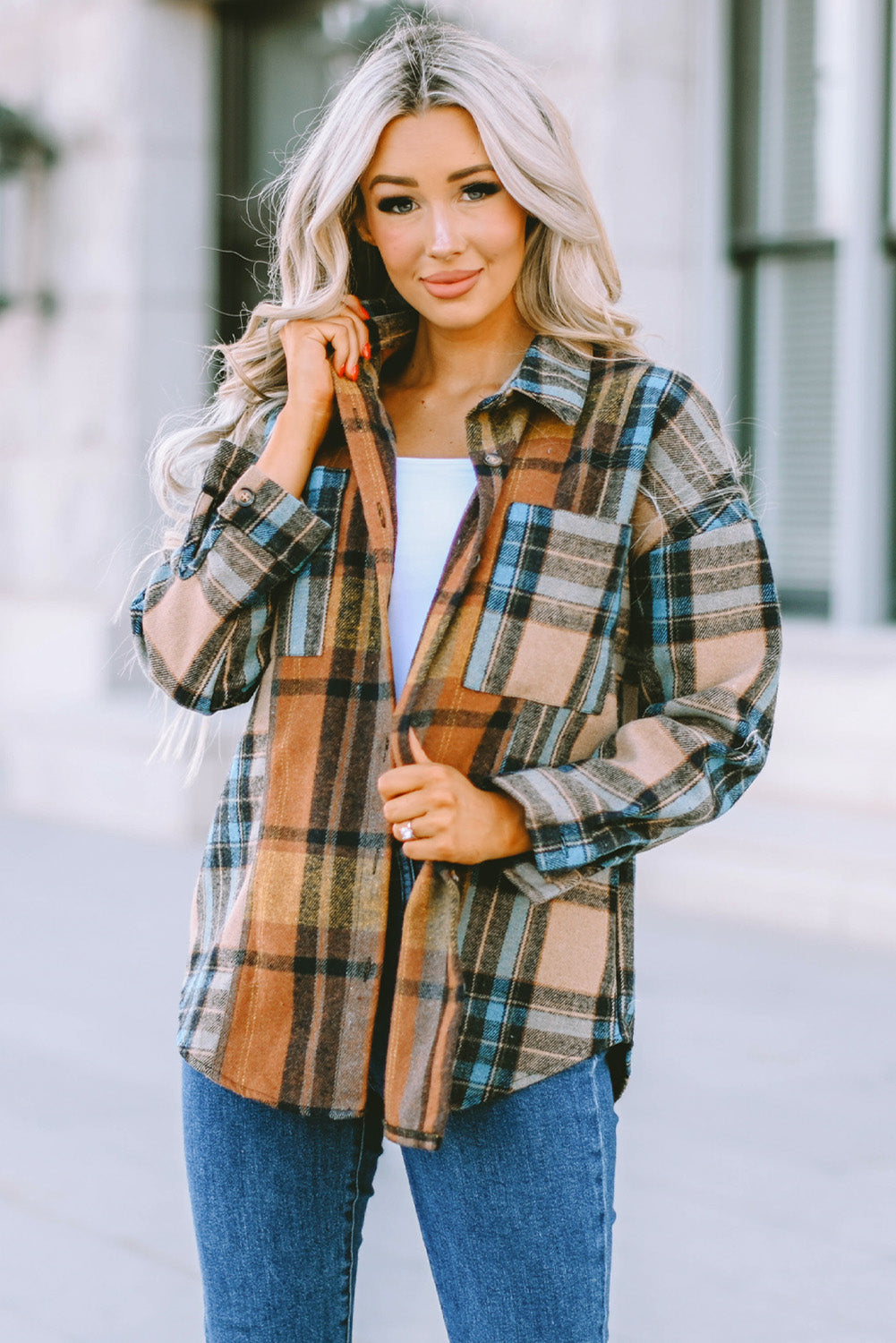 Brown Plaid Color Block Shirt with Pockets