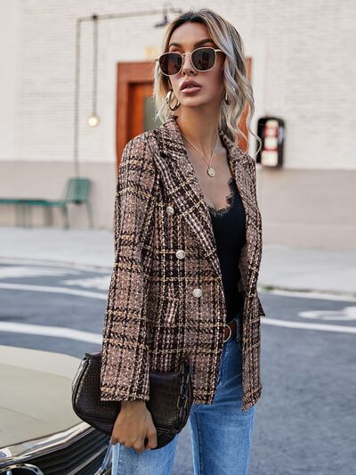 Full Size Plaid Lapel Collar Blazer.