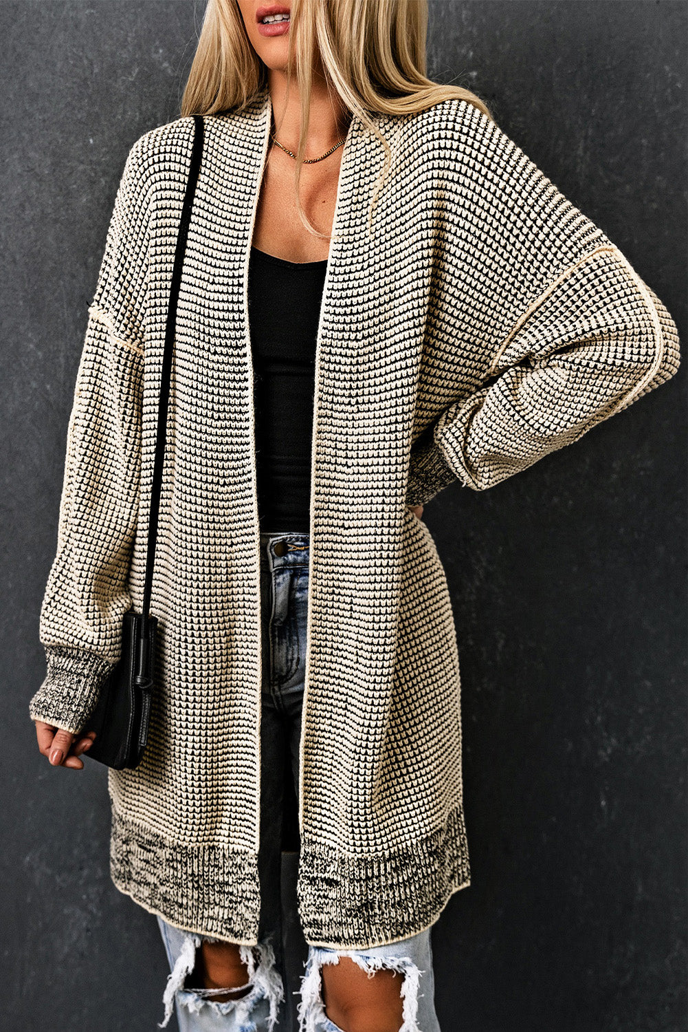 Plaid Knitted Open Front Cardigan