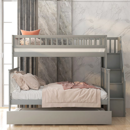 Twin over Full Bunk Bed with Trundle and Staircase Gray