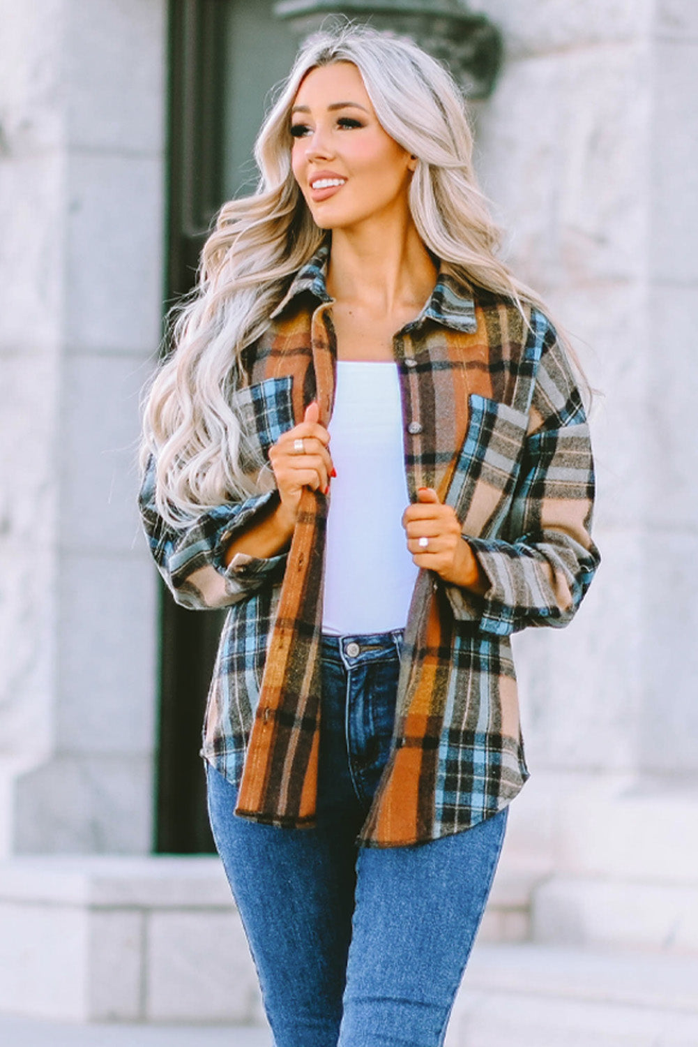 Brown Plaid Color Block Shirt with Pockets