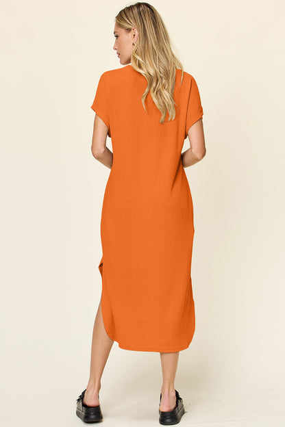 Full Size Round Neck Short Sleeve Slit Dress