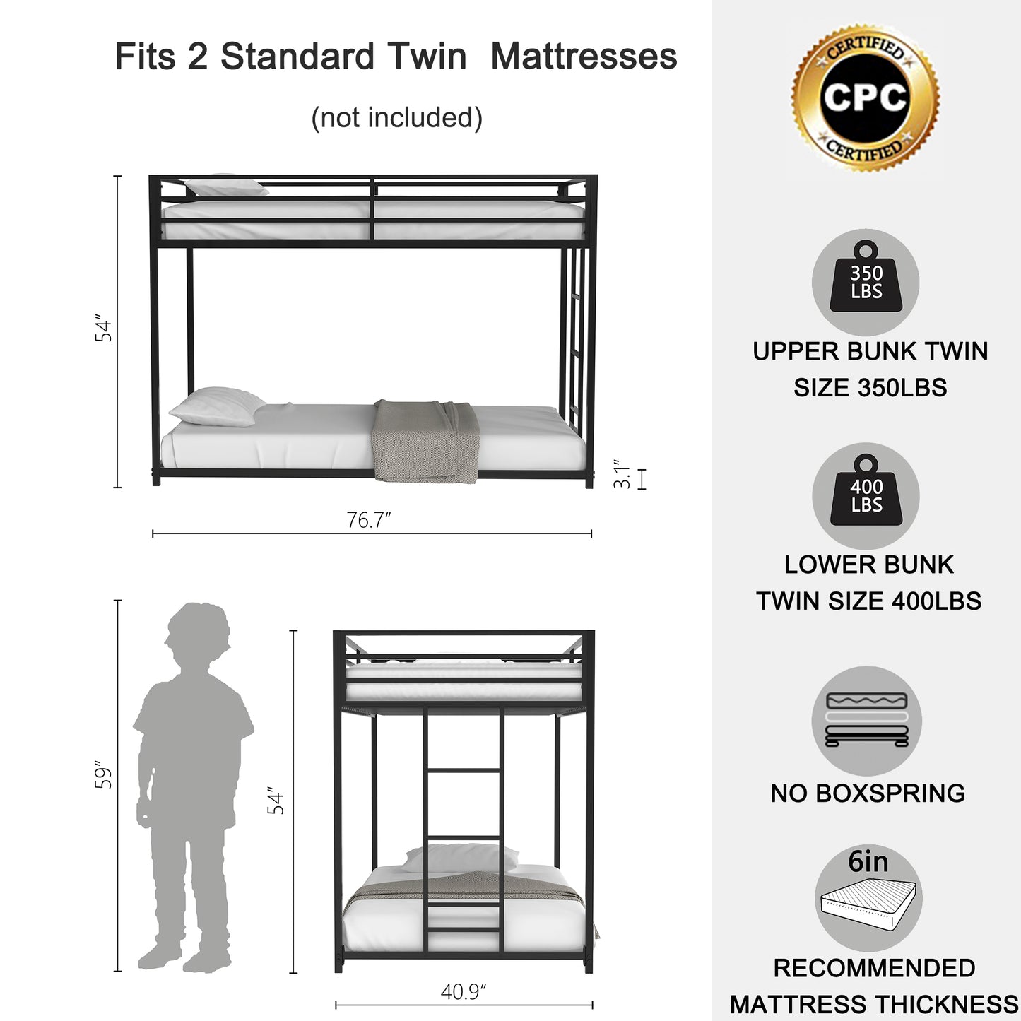 Adam Twin Metal Bunk, Black