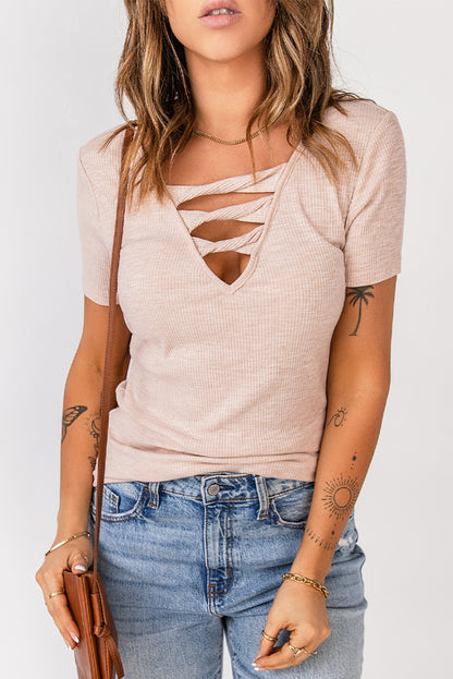 Apricot Hollow-out Rib Knit Tee