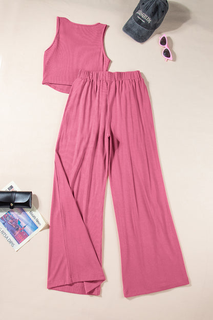 Textured Crop Top and Wide Leg Pants Set