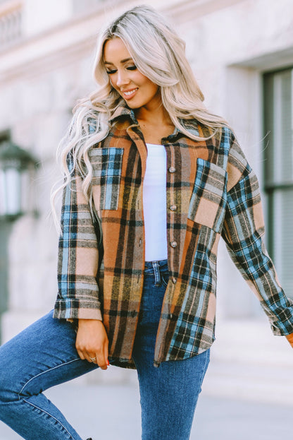 Brown Plaid Color Block Shirt with Pockets