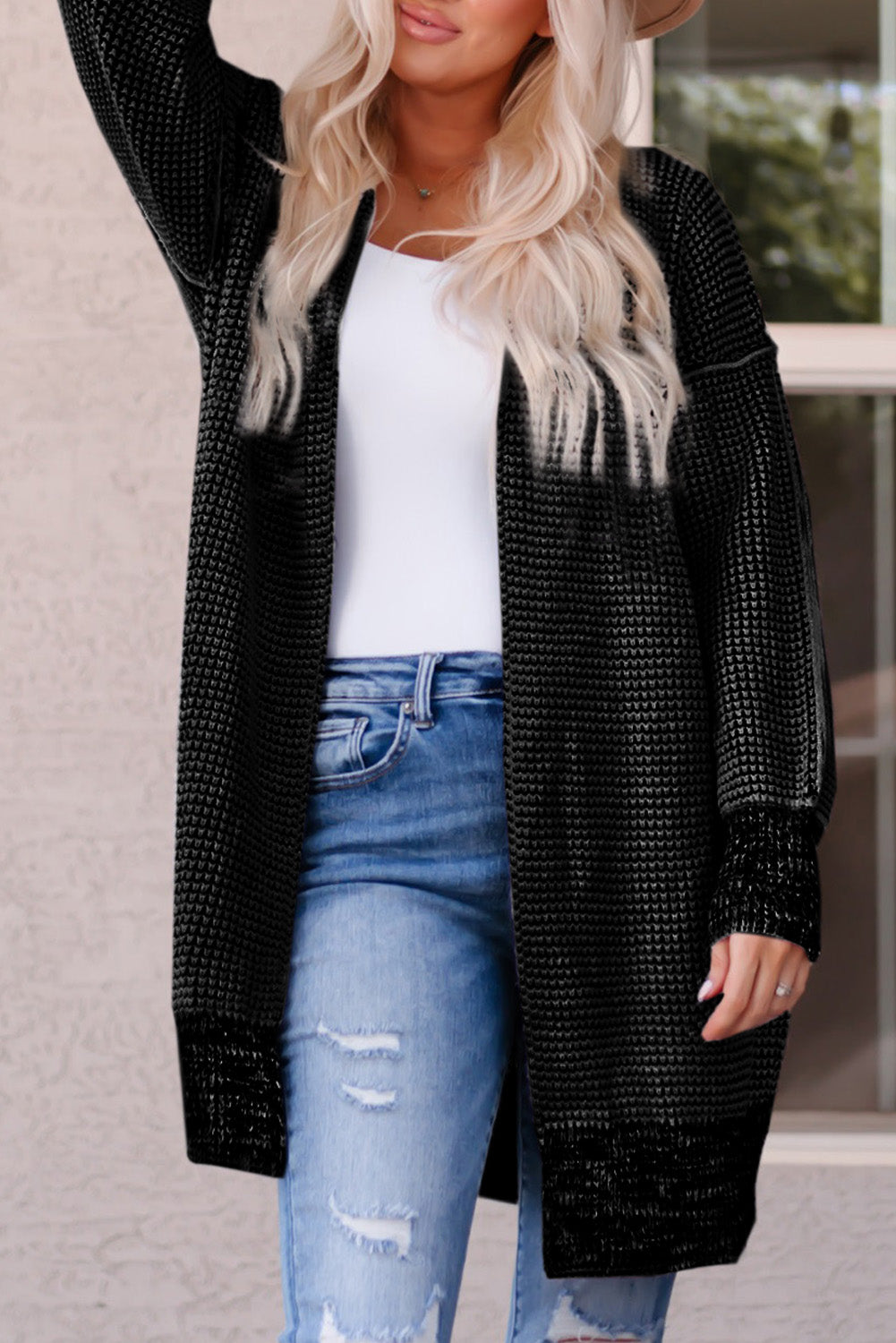 Plaid Knitted Open Front Cardigan