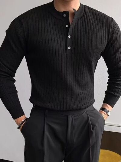 Button Detail Ribbed Long Sleeve Men's Knit Top.