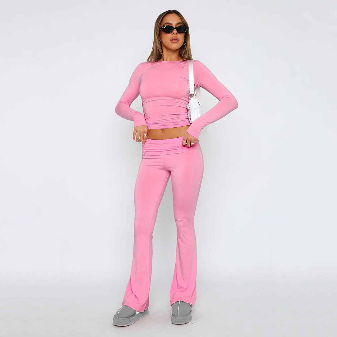 Solid Color Flare Pants Women's Set