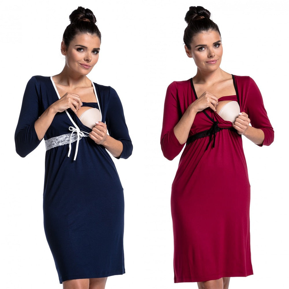 Fashionable lace and lace patchwork deep V-neck nursing dress for pregnant women's pajamas