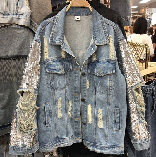 Spring and Autumn Heavy Industry sequined denim jacket for women, loose, fashionable, personalized, and distressed clothing trend