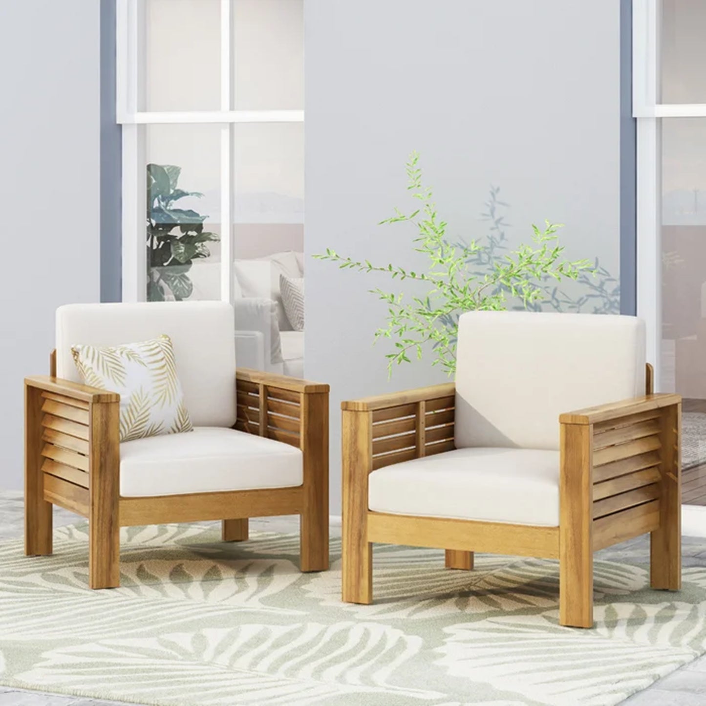 (Set of 2) Outdoor Acacia Wood Club Chairs with Cushions, Teak+Beige, 27.75"D x 32"W x 27.75"H