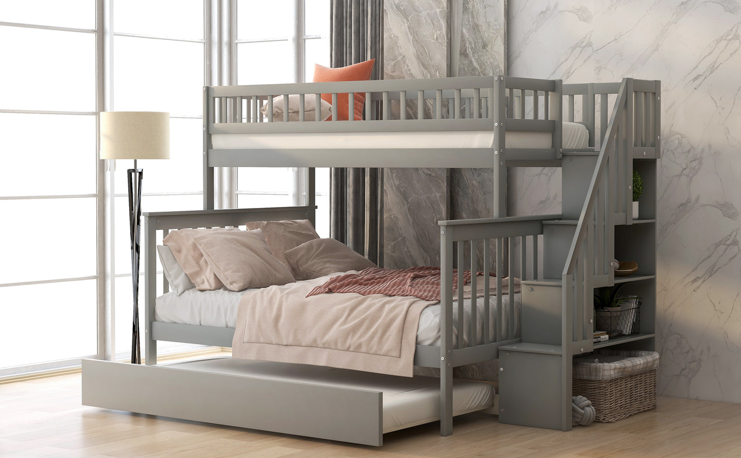 Twin over Full Bunk Bed with Trundle and Staircase Gray