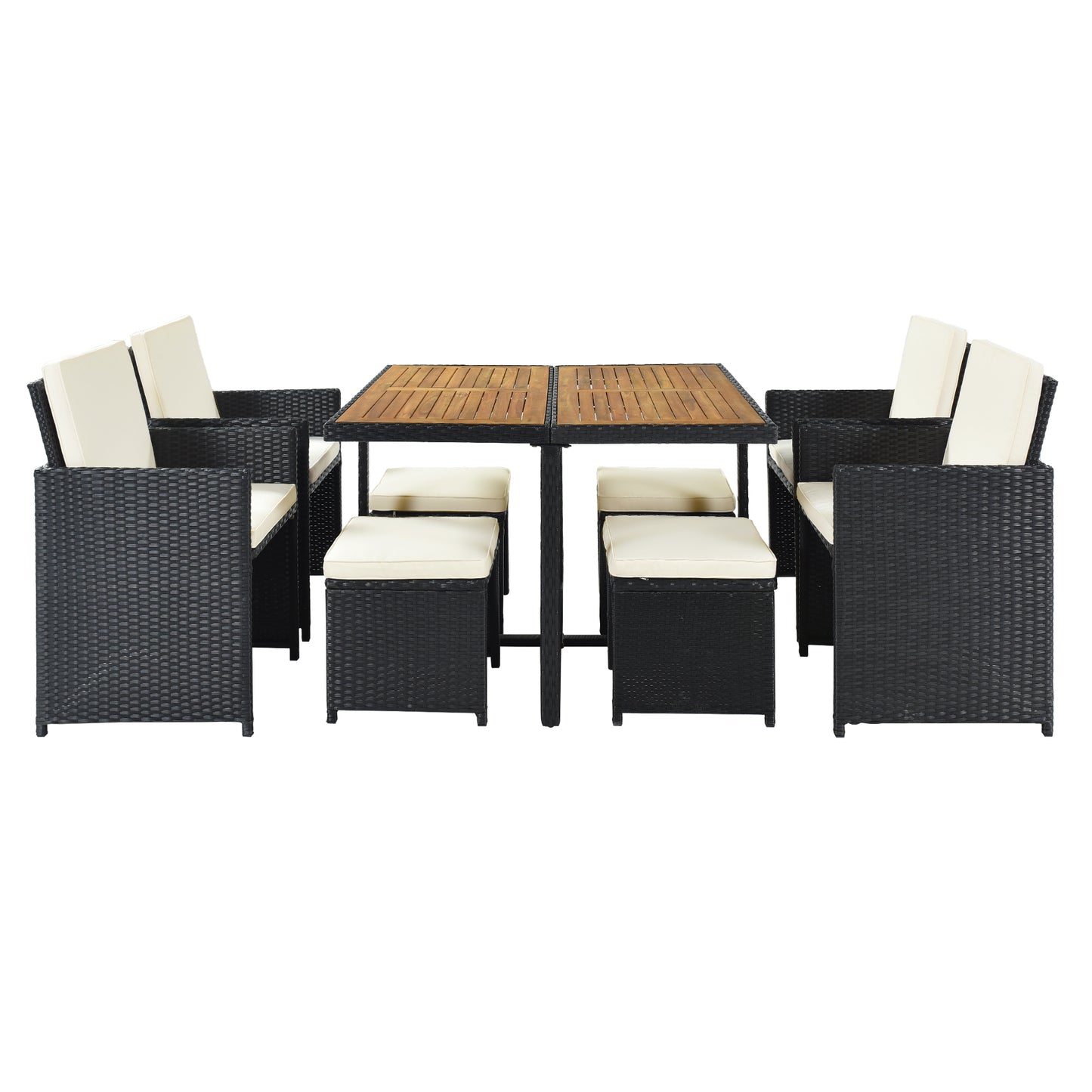 TOPMAX Patio All-Weather PE Wicker Dining Table Set with Wood Tabletop for 8, Black Rattan+Beige Cushion (9-Piece)