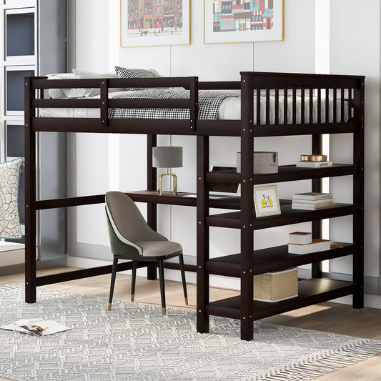 Full Size Loft Bed with Storage Shelves and Under-bed Desk