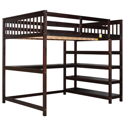 Full Size Loft Bed with Storage Shelves and Under-bed Desk