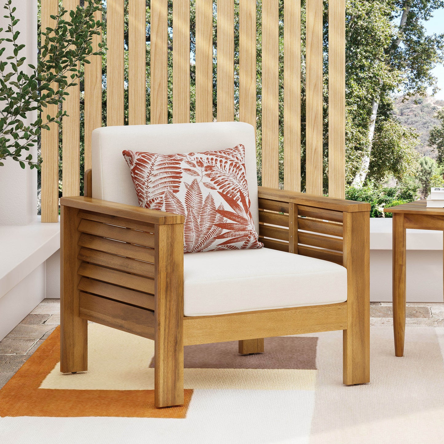 Outdoor Acacia Wood Club Chairs with Cushions, Teak+Beige, 27.75"D x 32"W x 27.75"H