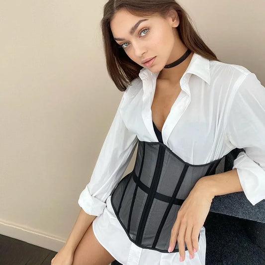 Women Mesh Corset Top Short Waist Belt Sexy Solid Color  Belts Chic New Lady Bustiers Tops Female Vest