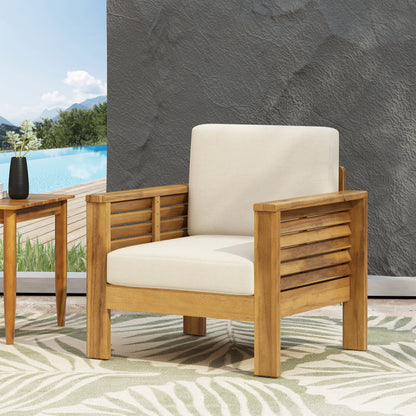 Outdoor Acacia Wood Club Chairs with Cushions, Teak+Beige, 27.75"D x 32"W x 27.75"H