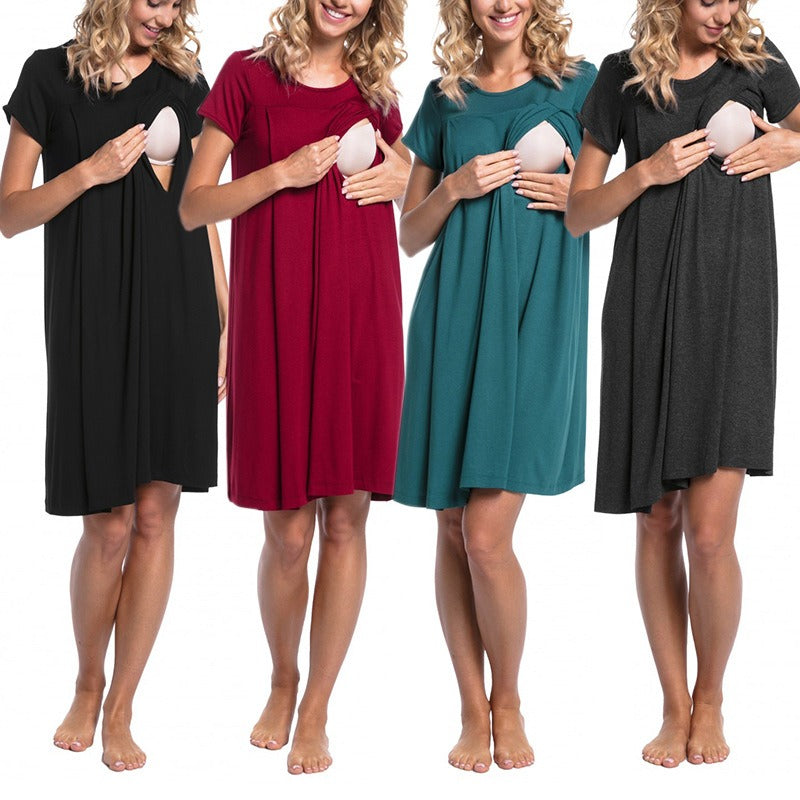 Pregnant women's delivery hospital gown with short sleeves and hidden openings on both sides for nursing care