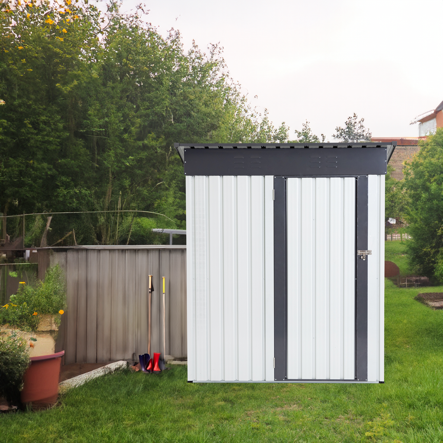 XWT016 Garden Metal Storage Lifter Shed Gray White 5x3x6ft outdoor storing tools Rainproof Hinge door version