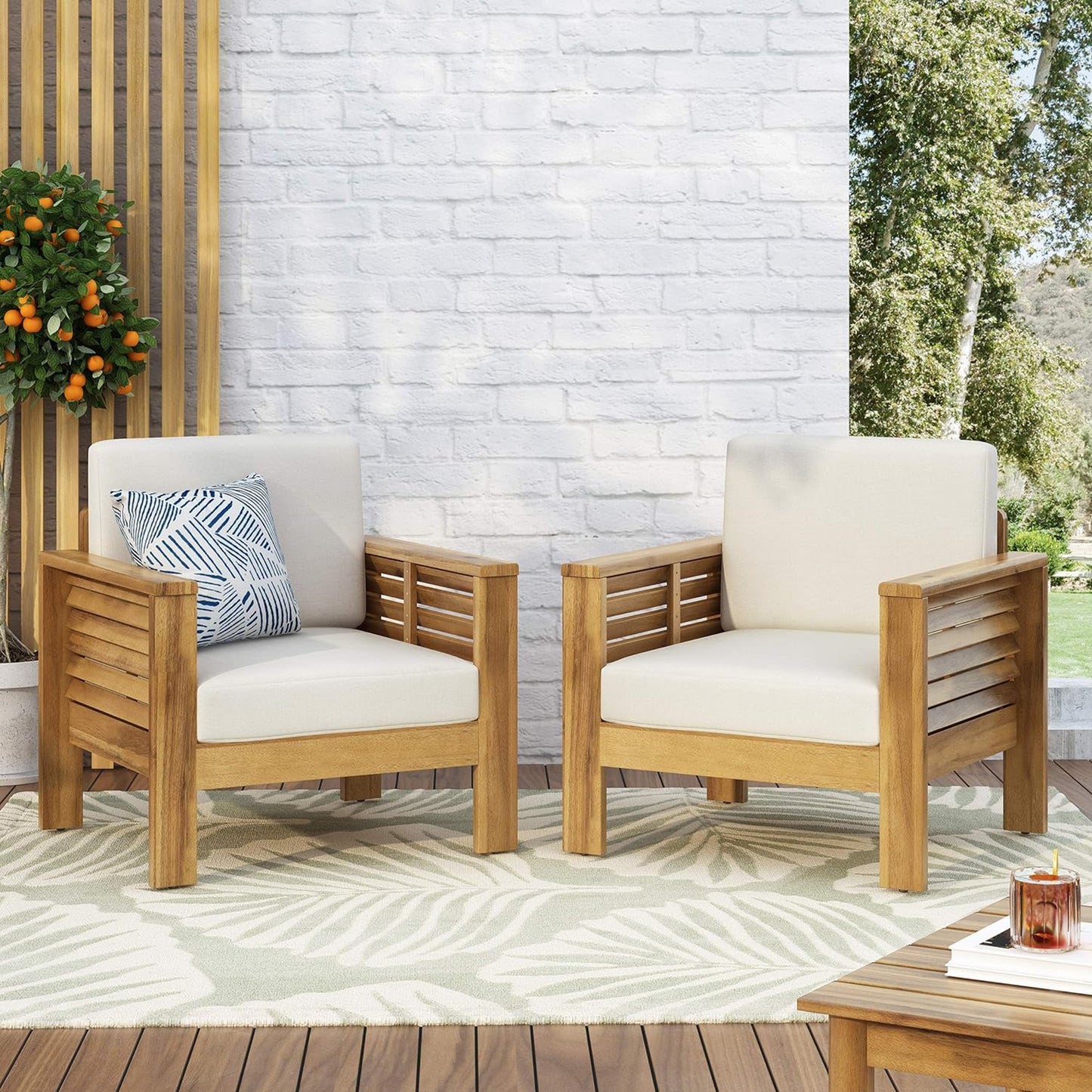 (Set of 2) Outdoor Acacia Wood Club Chairs with Cushions, Teak+Beige, 27.75"D x 32"W x 27.75"H