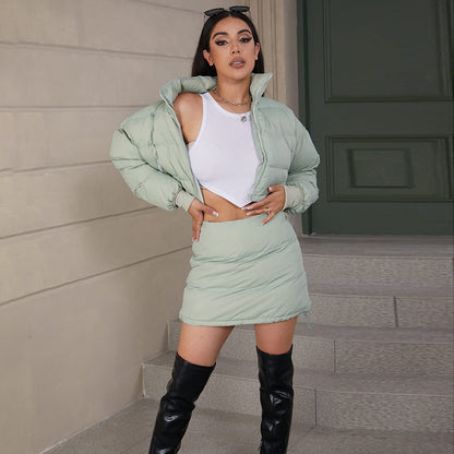 Long Sleeve Puffer Jacket Skirt Set