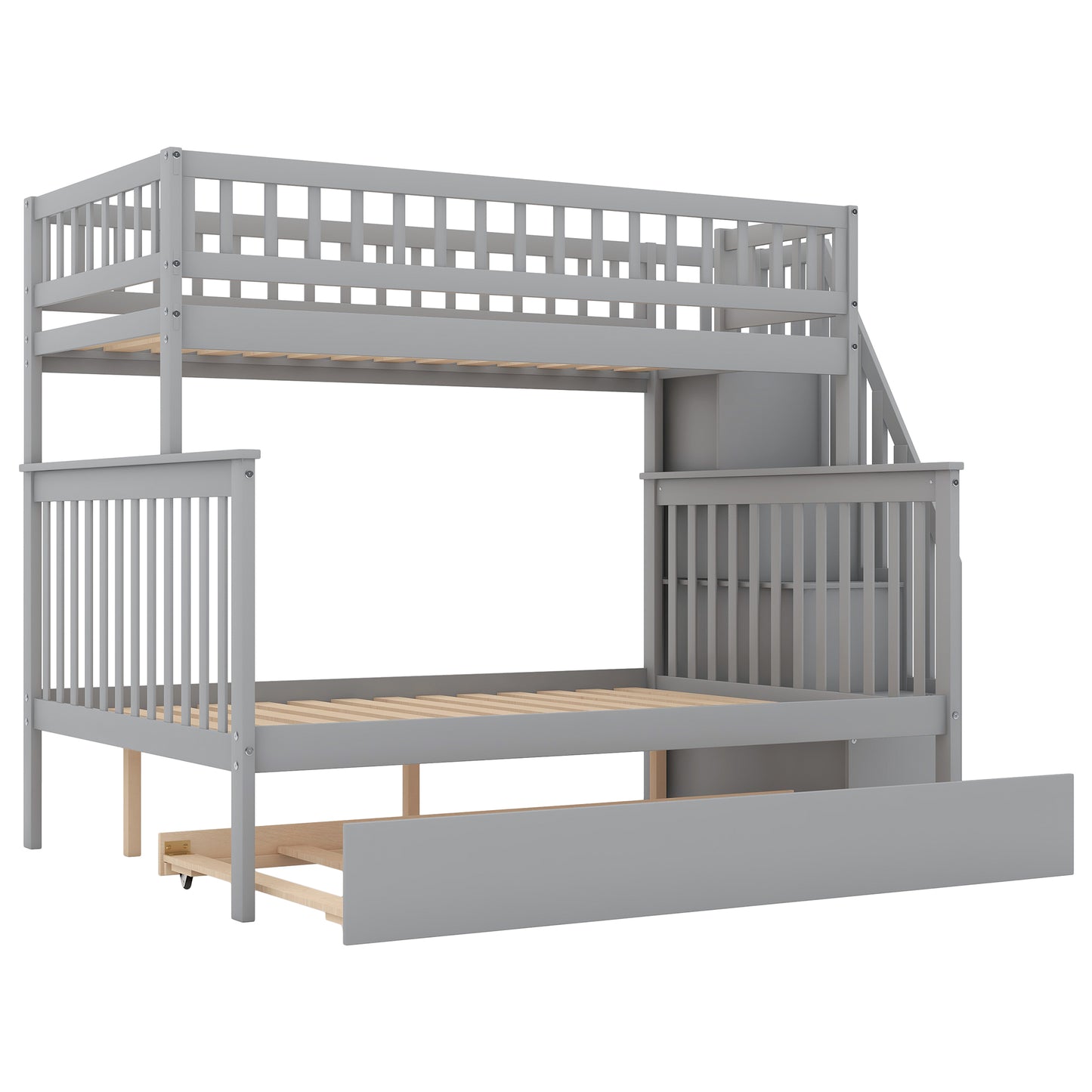 Twin over Full Bunk Bed with Trundle and Staircase Gray