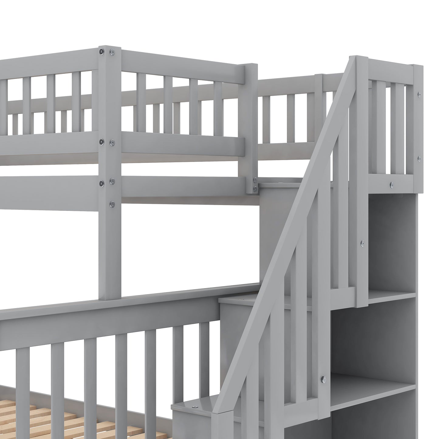 Twin over Full Bunk Bed with Trundle and Staircase Gray