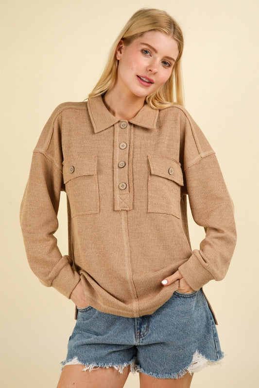 Collared Half Button Knit Top with Pockets