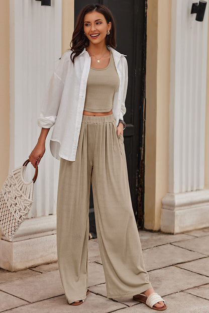 Textured Crop Top and Wide Leg Pants Set