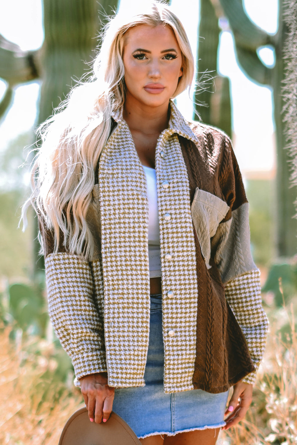 Houndstooth Contrast Textured Shacket