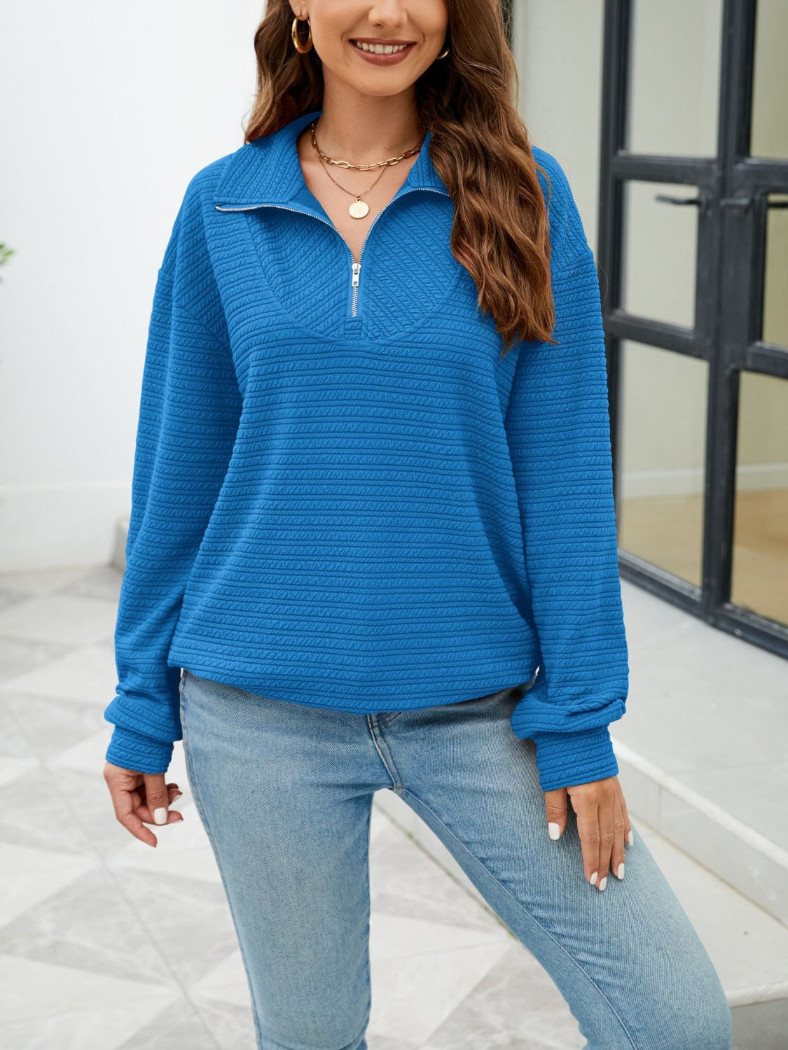 Textured Quarter Zip Long Sleeve Sweatshirt