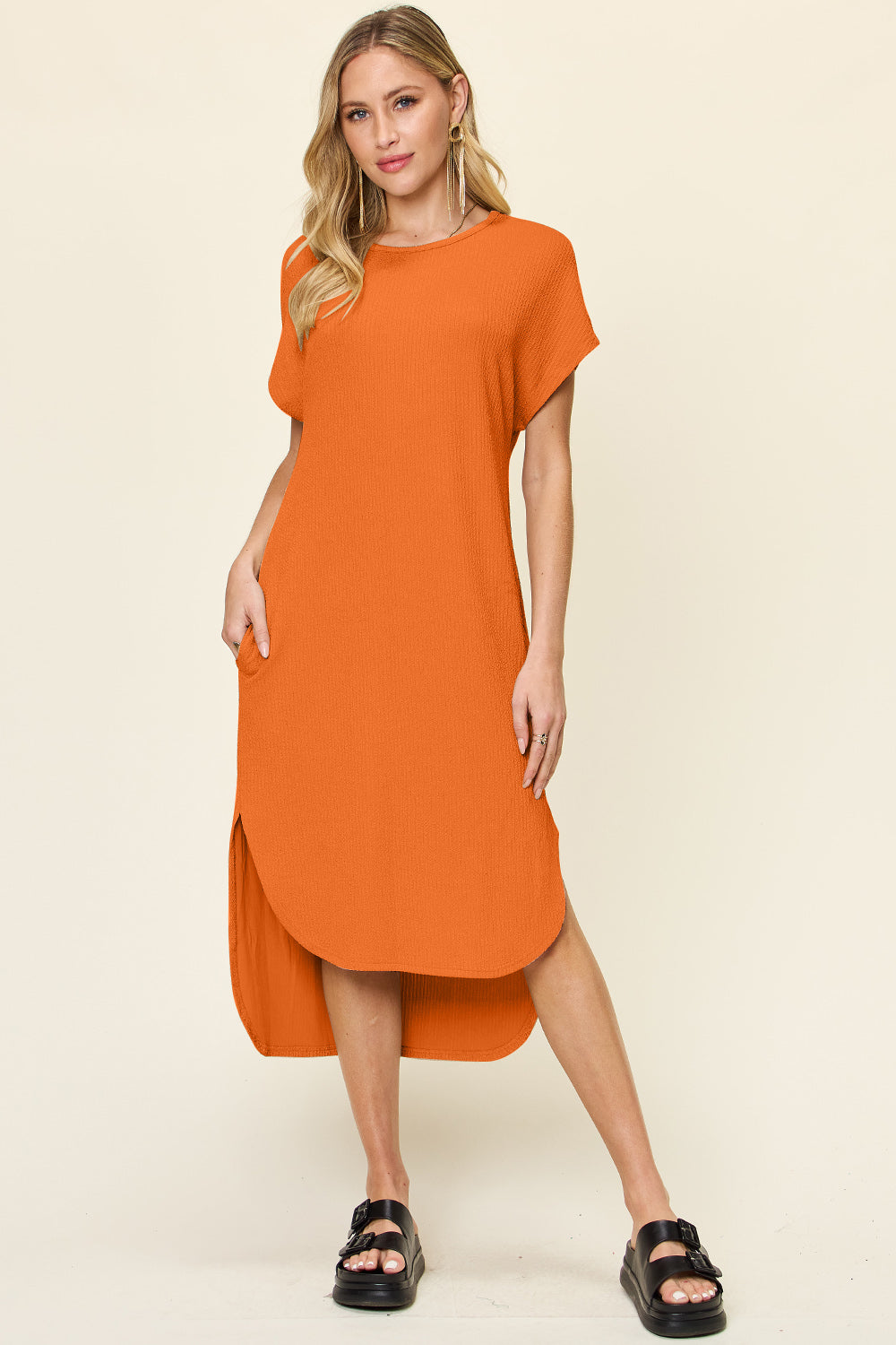 Full Size Round Neck Short Sleeve Slit Dress